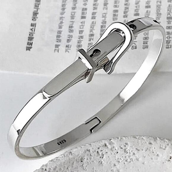 Sterling Silver Buckle Bracelet Bangle Adjustable Unisex Belt Geometric - Picture 1 of 5
